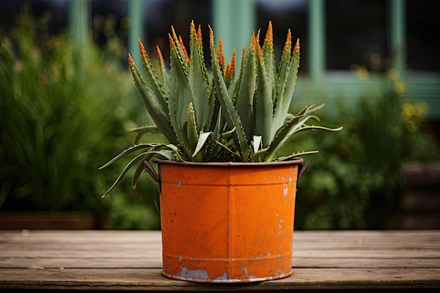 Um balde de lata contém plantas de Aloe Vera com um vaso de terracota