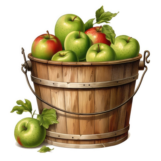 Um balde de madeira cheio de maçãs verdes e vermelhas