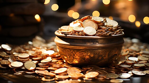 Um balde de moedas está cheio de moedas de ouro e prata