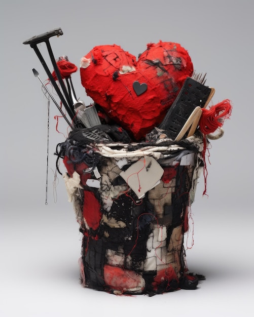 um balde de papel em forma de coração com uma caixa em forma de coração que diz amor.