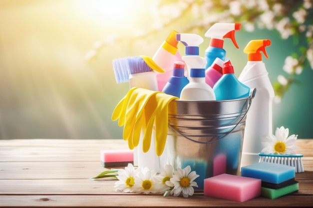 Foto um balde de suprimentos de limpeza senta-se em uma mesa de madeira com uma lata de spray de tinta de spray