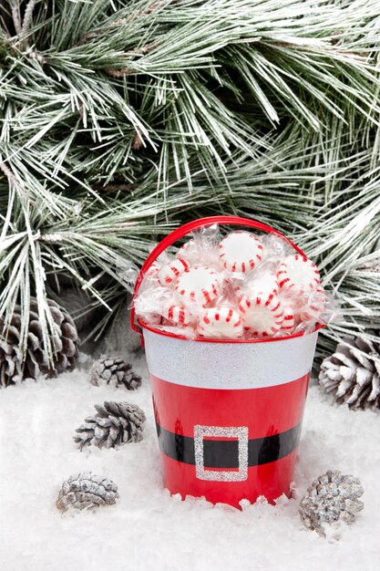 Foto um balde decorativo de doces de natal em um deserto de neve espaço aberto para cópia intencionalmente deixado na área superior da árvore da imagem