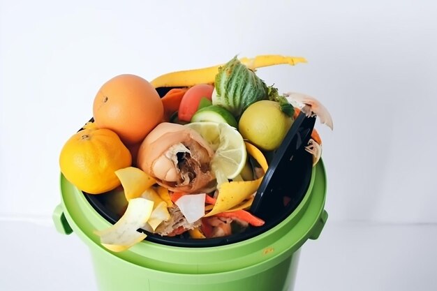 um balde verde com um monte de frutas e uma faca nele