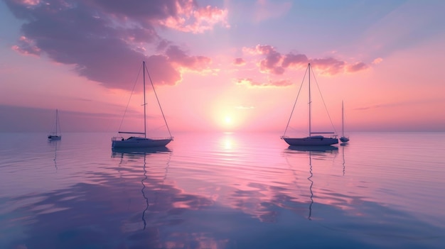 Um ballet de barcos à deriva enquanto o sol se afunda abaixo do horizonte