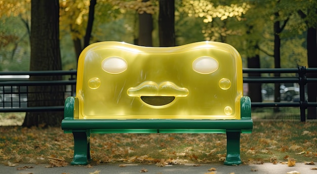 um banco amarelo e verde com bigode e bigode