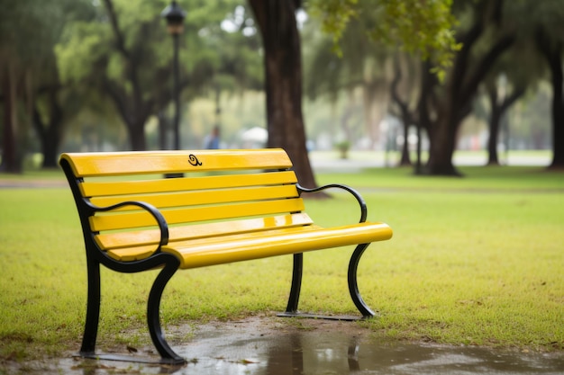 um banco amarelo sentado no meio de um parque