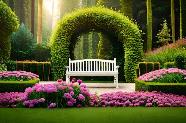 Um banco branco em um jardim florido e gramado com um arco florido