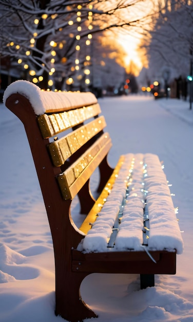 Um banco coberto de neve adornado com luzes cintilantes e enfeites capturados na hora dourada