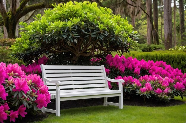 Um banco de jardim tranquilo em meio a rododendros em flor