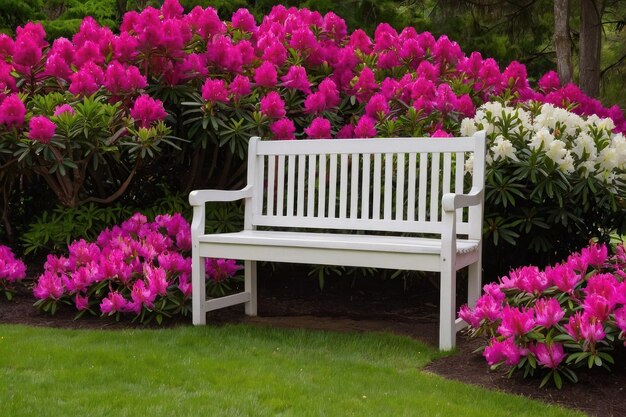 Foto um banco de jardim tranquilo em meio a rododendros em flor