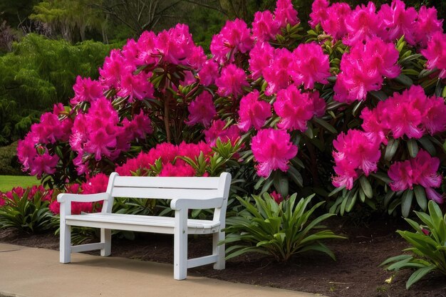 Um banco de jardim tranquilo em meio a rododendros em flor