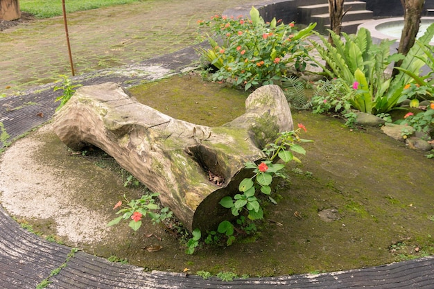 Um banco de madeira colocado no jardim servindo como área de estar para relaxamento e diversão