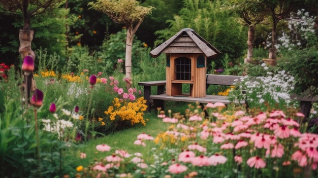 Um banco de madeira em um jardim com muitas flores Imagem generativa de IA