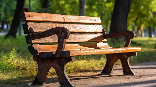 Um banco de madeira em um parque com árvores ao fundo