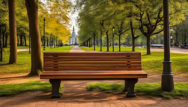 Foto um banco de madeira está em um parque com árvores e um edifício ao fundo