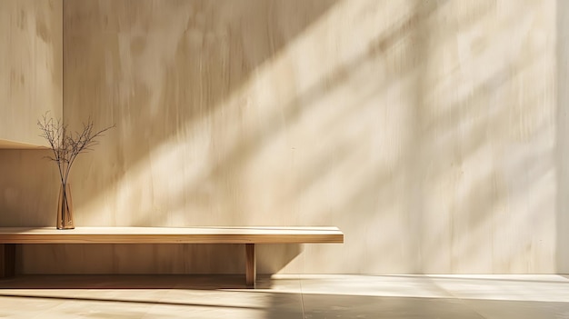 um banco de madeira está na frente de uma parede com sombras nele
