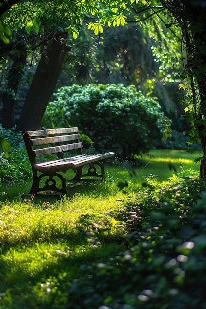 Um banco de madeira oferece um lugar de descanso tranquilo na vegetação exuberante de um parque iluminado pelo sol