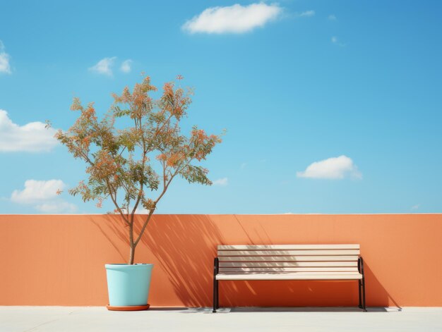 Foto um banco de madeira sentado ao lado de uma planta em vaso na frente de uma parede laranja