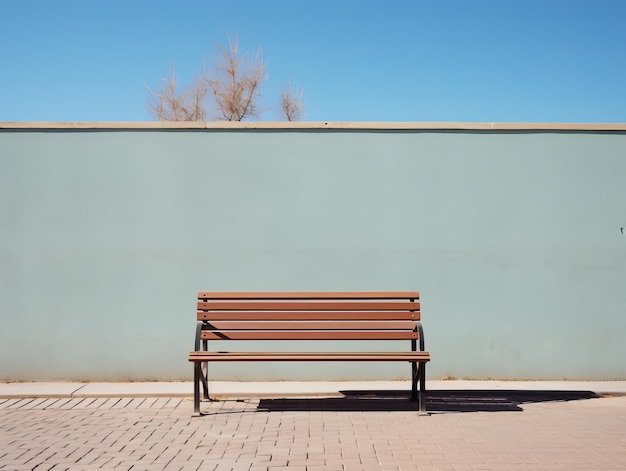 um banco de madeira vazio sentado na frente de uma parede