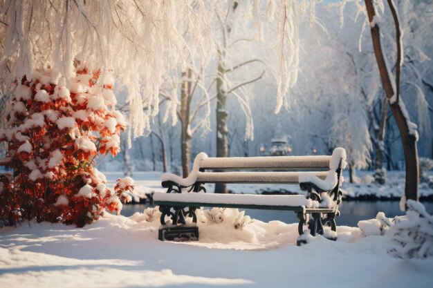 Um banco de parque coberto com a pureza do branco do inverno, uma parada de descanso ideal para absorver a beleza serena dos arredores cobertos de neve.