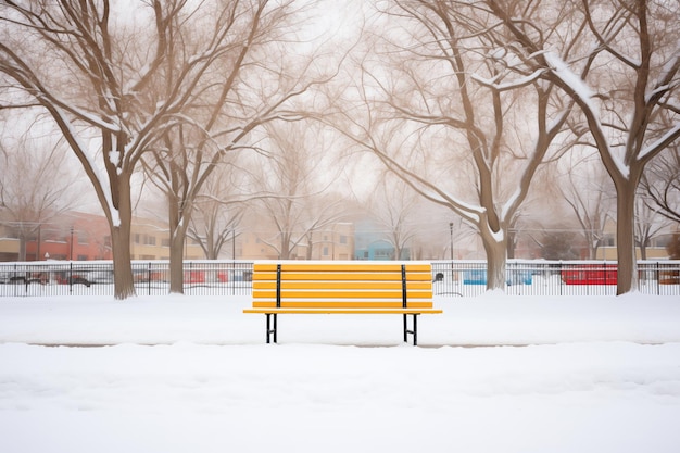 Um banco de parque coberto de neve flanqueado por árvores