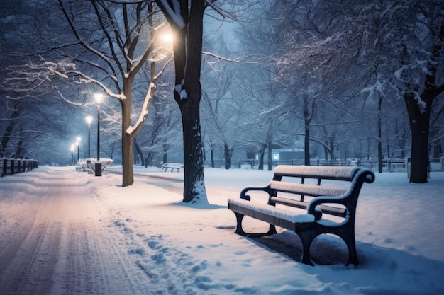 Um banco de parque coberto de neve num cenário sereno criado com ai gerativa