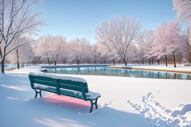 Um banco de parque nevado na neve com um lago ao fundo.