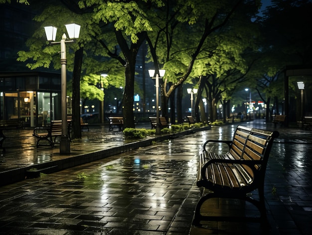um banco de parque sentado no meio de uma rua à noite