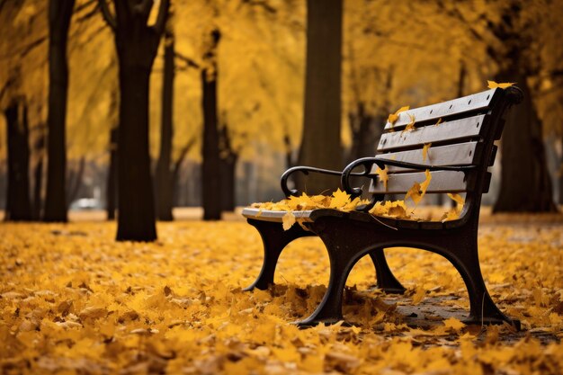 Um banco de parque sob as folhas de outono As folhas caem da árvore