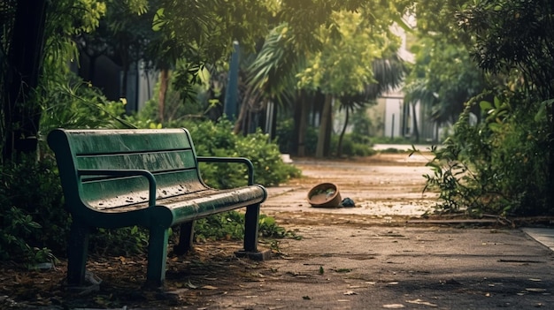 Um banco de parque verde com o número 60 nele