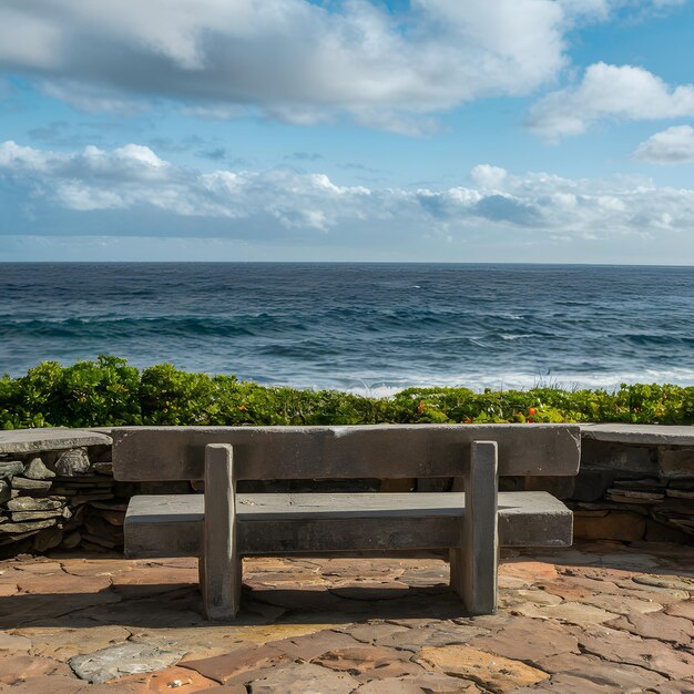 Foto um banco de pedra no topo da parede com vista para o oceano, oferecendo uma vista panorâmica para as redes sociais.