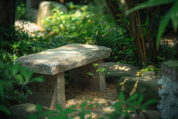 Um banco de pedra sentado no meio de uma floresta