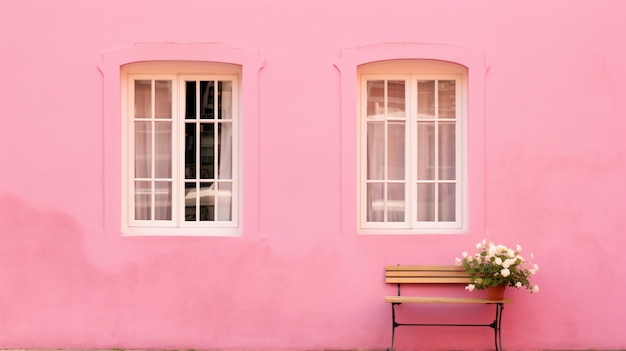 Foto um banco e um prédio rosa com duas janelas