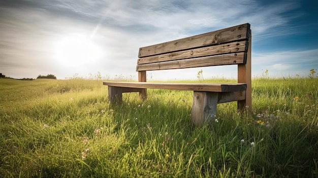 Um banco em um campo com um céu nublado atrás dele