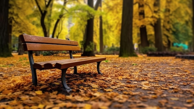 Um banco em um parque com folhas de outono no chão