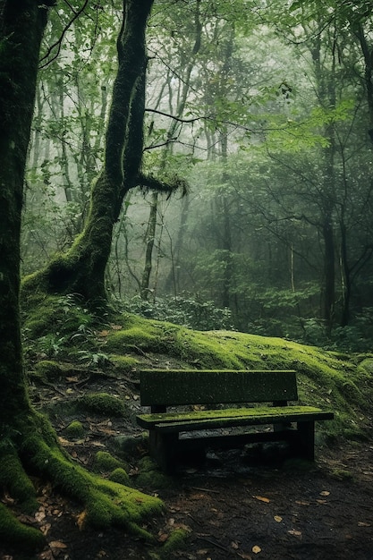 Um banco em uma floresta com musgo