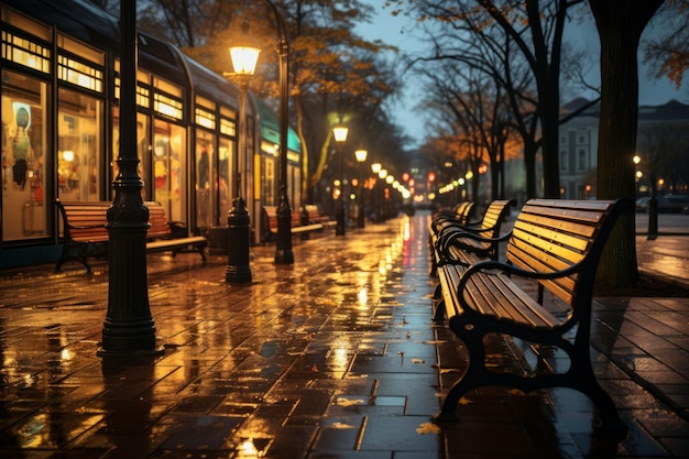 um banco está sentado na beira da rua na chuva