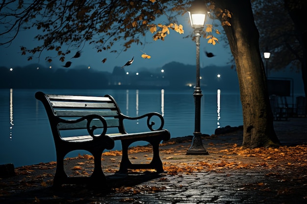 um banco sentado à beira de um lago à noite