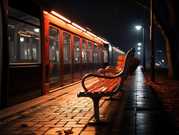 um banco sentado ao lado de um trem à noite