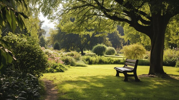 Um banco solitário debaixo de uma árvore num jardim exuberante