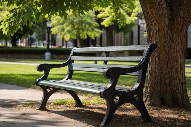 Um banco vazio no parque com vegetação exuberante.