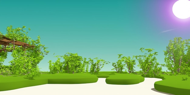 um banco verde com árvores e grama no topo
