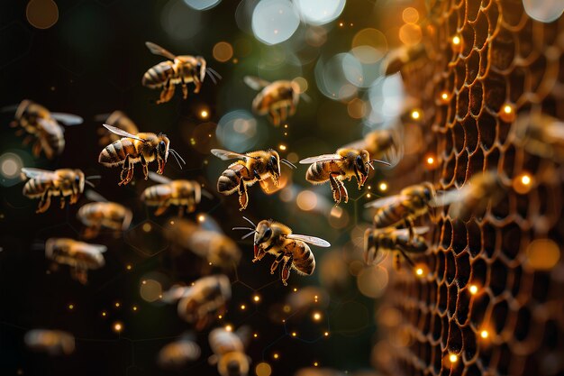 Foto um bando de abelhas voando em torno de um favo de mel com as luzes acesas