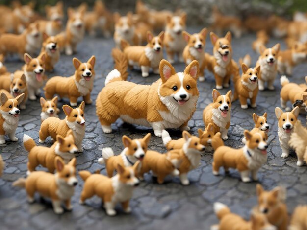 Foto um bando de cachorrinhos de brinquedo em um chão de paralelepípedos com árvores ao fundo