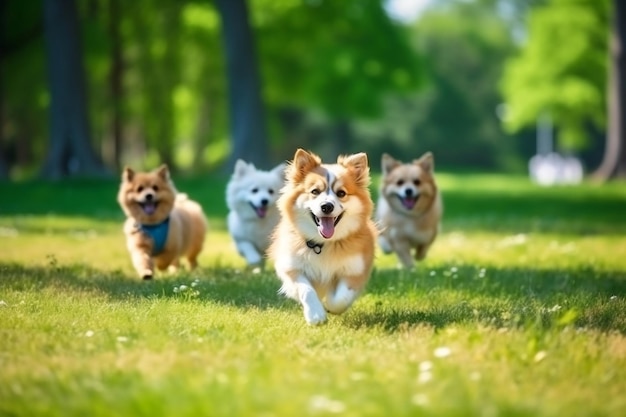 Um bando de cães adoráveis e brincalhões a correr e a brincar.