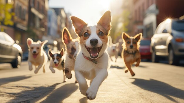 Um bando de cães brincalhões e curiosos corre rápido por uma rua ensolarada da cidade