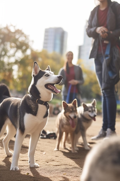 Um bando de cães brincalhões em um parque urbano para cães