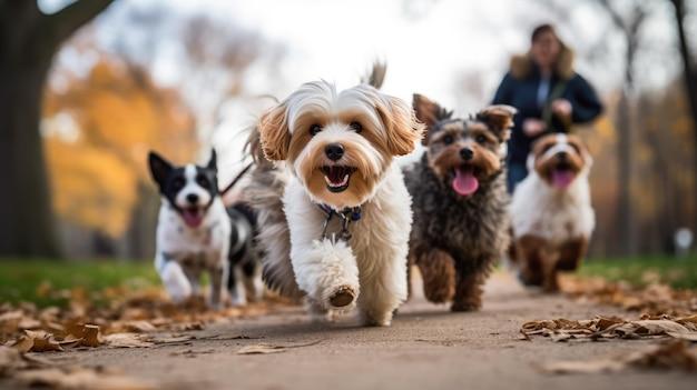 Foto um bando de cães correndo ao longo de uma trilha