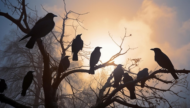 Um bando de corvos senta-se em uma árvore ao pôr do sol.