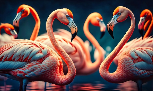 Um bando de flamingos em pé em águas rasas